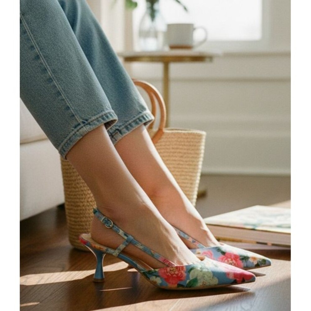 DESIGNER NINE WEST FLORAL PRINT POINTED TOE KITTEN HEEL SLINGBACKS SIZE 8.5 M - Picture 3 of 14